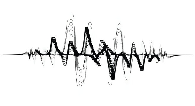 Abstract sound wave visualization in black and white, representing audio signals and digital music