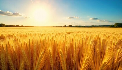 Obraz premium Golden wheat field shimmering under a summer sun, endless rows stretching to the horizon A picturesque rural landscape perfect for nature, agriculture, and harvest themes , rural, abundance, nature