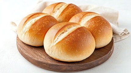 Four golden brown whole wheat burger buns on round wooden board 