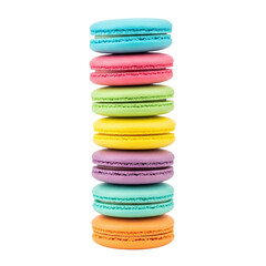 Stack of colorful macarons on a white background.