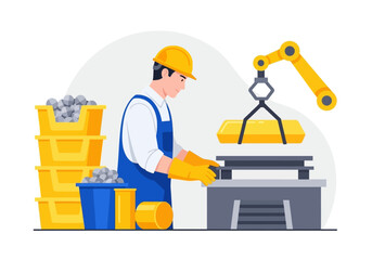 Factory worker in a helmet collaborating with a robotic arm on a production line for metallurgy processing vector illustration concept