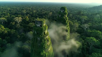 Aerial drone footage of ancient stone ruins covered in lush green vegetation, rising dramatically from the dense jungle canopy in a remote, unexplored wilderness - Powered by Adobe