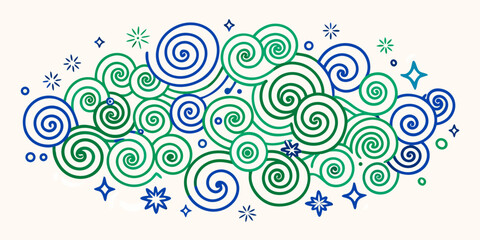 A whimsical array of blue and green spirals with stars and circles creating a playful design