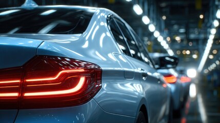 Fototapeta premium Close-up of a luxury car's rear with illuminated tail lights in a factory setting, ideal for automotive industry and technology concepts.