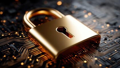 Golden padlock on a circuit board symbolizes digital security and cybersecurity concepts.