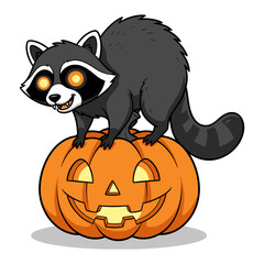 Fototapeta premium Spooky Cartoon Raccoon with Glowing Eyes Sitting on Halloween Pumpkin Vector Illustration