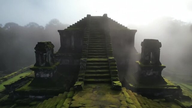 Ancient stone temple ruins shrouded in morning mist and sunbeams, showcasing intricate architecture and overgrown mossy steps leading upwards