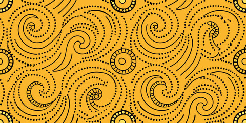 Fototapeta premium Aboriginal style art with circles and swirls on a yellow background creating a seamless pattern design