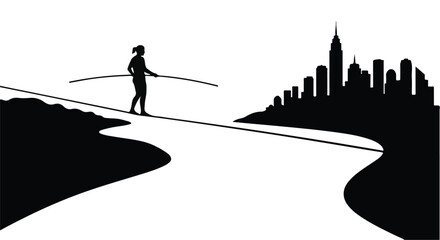Silhouette of a person balancing on a tightrope with a cityscape in the background