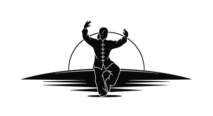 Silhouette of a person practicing Tai Chi against a rising sun, embodying balance and tranquility.