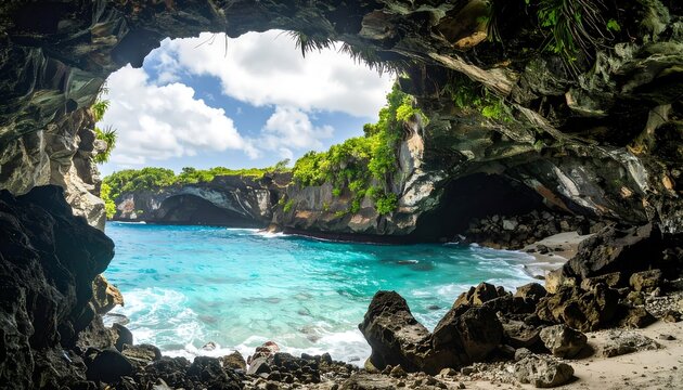 Tropical cave opening to turquoise bay