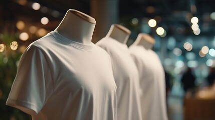 cinematic view of 3 white t shirt display in mannequin in a coffee shop background people looking at the display in awe the background is slighly blurred to f