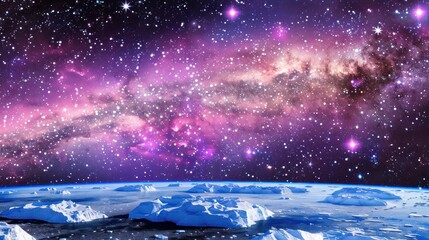 Majestic Icy Landscape Under Starry Cosmic Night Sky with Milky Way