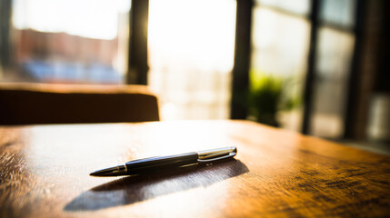 A single pen lying on a wooden desk with blurred background, professional workspace vibe.
