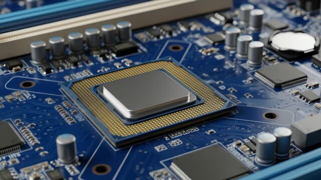 Close-up of a CPU on a motherboard, showcasing computer hardware.