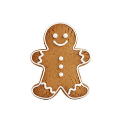 Gingerbread man cookie with white icing on a white background.