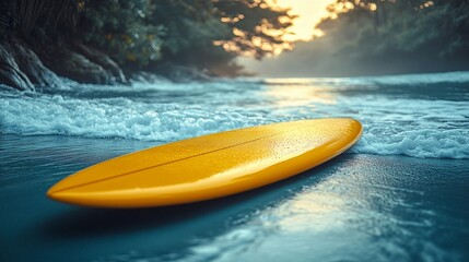 Surfboard on ocean water with colorful sunset sky and sea waves in background