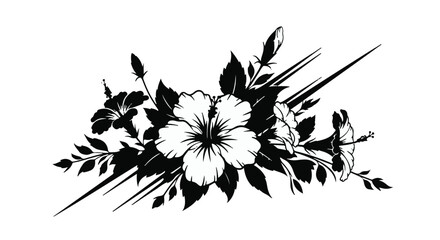 Elegant black and white hibiscus floral arrangement with dynamic lines