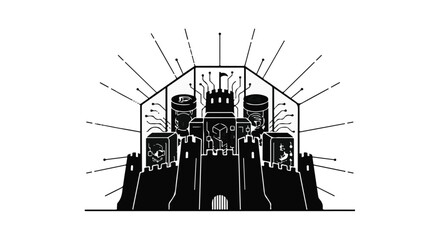 Futuristic fortress symbolizes digital security and data protection with glowing lights
