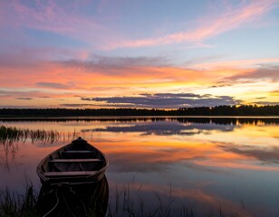 Peaceful sunset over a lake with a small boat
