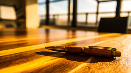 A single pen lying on a wooden desk with blurred background, professional workspace vibe.
