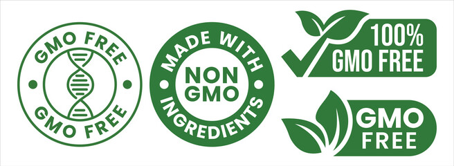 GMO free icon set. Non GMO label. No added or artificial chemicals logo, label, badge, sticker, symbol, emblem, stamp, line, vector, isolated illustration. GMO free label for product packaging design.