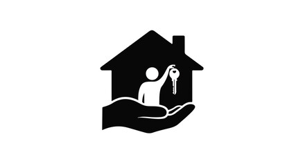 Symbolic image of a hand offering a house with a person holding a key, representing homeownership and security.
