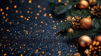 Holiday frame with golden baubles pine cones and fir branches on dark background