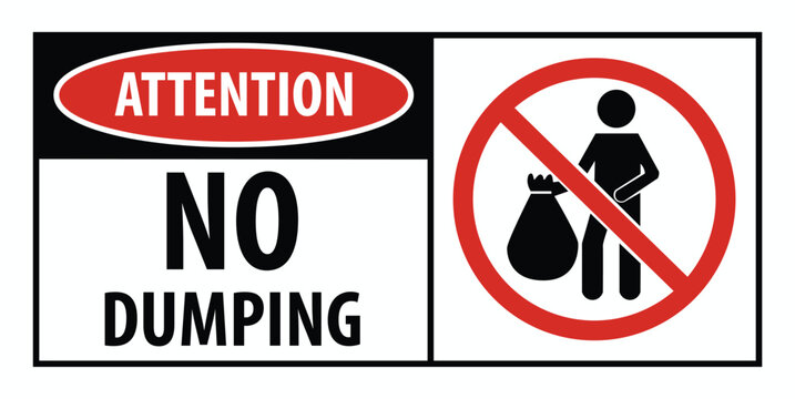 Attention no dumping sign with person carrying trash bag symbol prohibiting illegal waste disposal