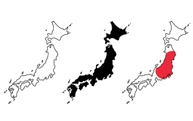 Japan Map Illustration Set Depicting Outline Solid Fill and Regional Highlight for Geographic and Travel Visuals