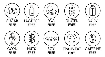Set allergen free icons. Allergen free label products. Free lactose, gluten, sugar, corn, egg, trans fat, dairy, soy, nuts, caffeine, symbol, logo, badge, black, vector, isolated on white background.