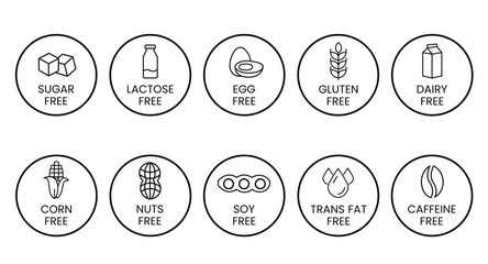 Naklejka premium Set allergen free icons. Allergen free label products. Free lactose, gluten, sugar, corn, egg, trans fat, dairy, soy, nuts, caffeine, symbol, logo, badge, black, vector, isolated on white background.