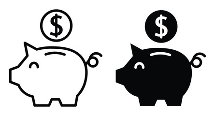 Simple outline and silhouette piggy banks with dollar coins for saving money and financial concepts