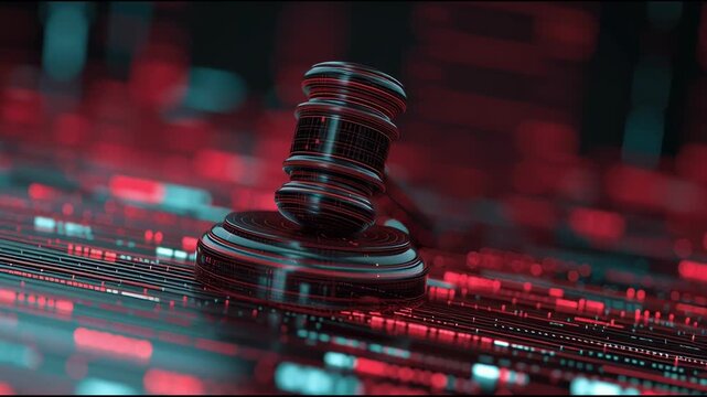 a digital gavel on a digital background, a high-tech concept for law and justice. ai technology in the courtroom or cyber security.
