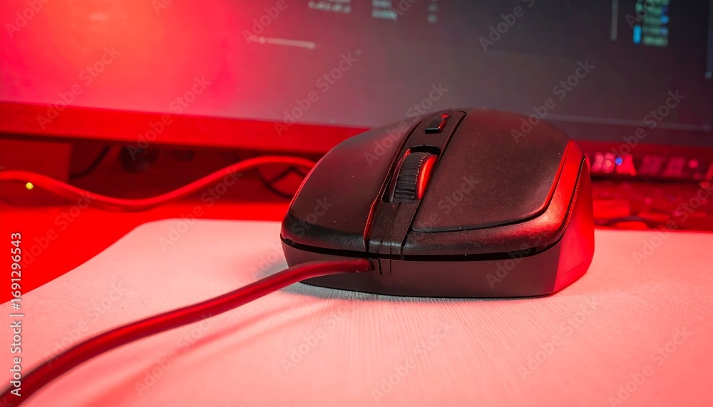 Wall mural a black computer mouse on a red desk in front of a monitor showing code