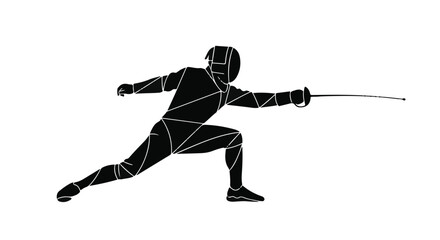 Dynamic fencer in protective gear lunges forward with sword extended in athletic combat.