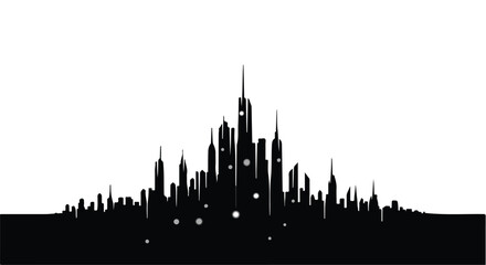 Modern cityscape silhouette at night with glowing lights and abstract shapes