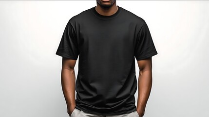 man wearing a plain oversized black tshirt standing in a neutral pose white background mockup style front view no logos or designs on the shirt
