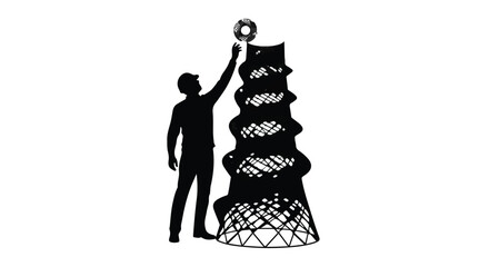 Silhouette of a person reaching for a circular object atop a futuristic, abstract sculpture against a white background.