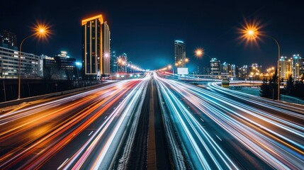 Night Cityscape with Light Trails of Moving Vehicles in Urban Downtown