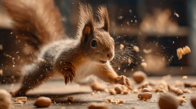 Focused squirrel leaps through scattered nuts on wooden floor