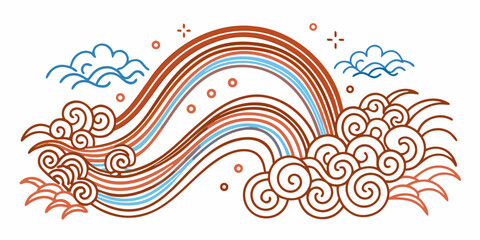 Illustration of a stylized rainbow with clouds and swirls on a white background design element