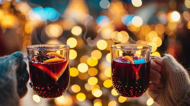 Hands holding mulled wine mugs with blurred Christmas lights behind