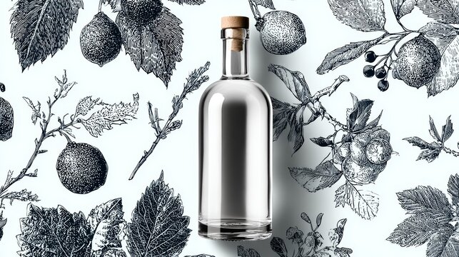 Blank botanical gin bottle template for craft distillery. Packaging design mockup. Premium spirits