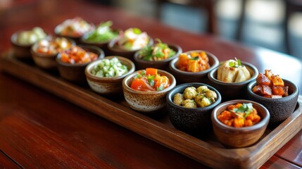Assorted small dishes of various appetizers on a wooden tray.