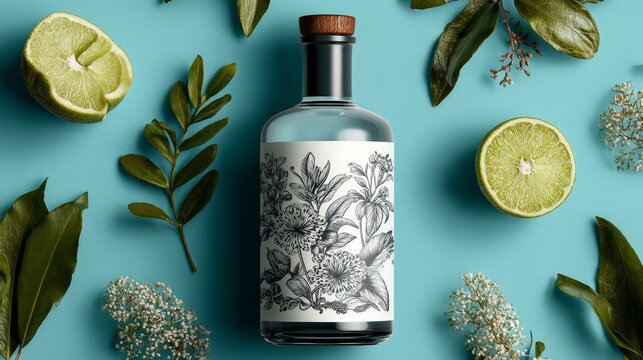 Blank botanical gin bottle template for craft distillery. Packaging design mockup. Premium spirits