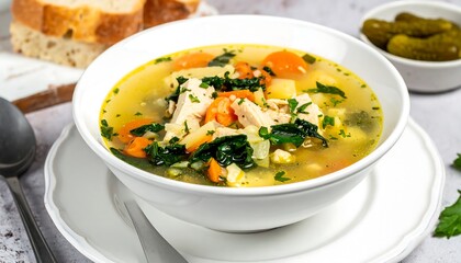 Hearty chicken soup in a white bowl, garnished with fresh herbs