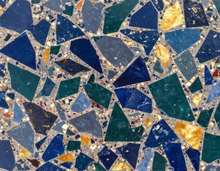 Mosaic tile pattern in various blues, greens, and golds