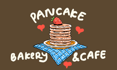 Vintage illustration of a stack of pancakes with a strawberry. Retro artwork for a pancake bakery and cafe menu, t shirt print