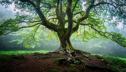 Fototapeta premium Majestic Ancient Deciduous Tree With Sprawling Roots And Twisted Branches Stands Alone Amidst Vibrant Greenery In A Misty Forest Landscape